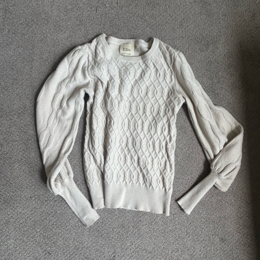 Elie Tahari Cream Crew Neck Sweater Textured Knit